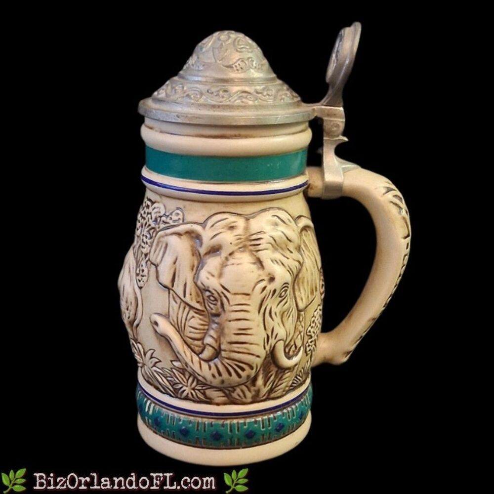 VINTAGE: Avon Endangered Species Asian Elephant Stein Relief Design Pewter Lid